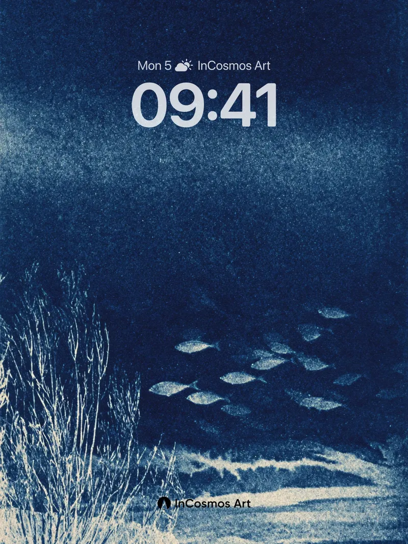 Silent Currents Wallpaper with Cyanotype Depth