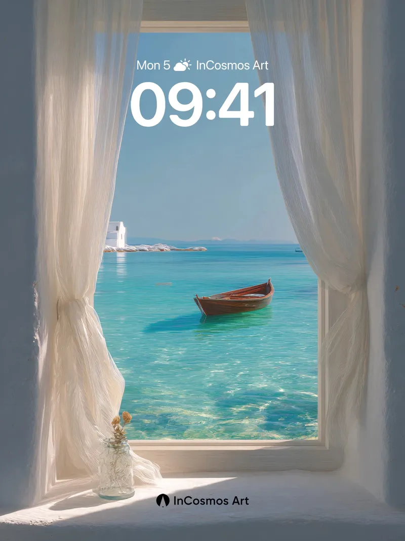 Serenity Through White Curtains Wallpaper with Turquoise Sea