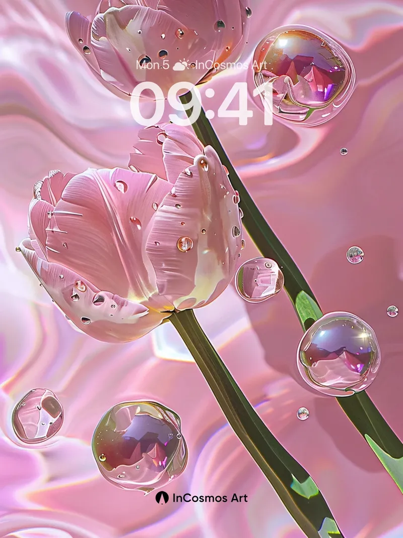 Luminous Petal Wallpaper with Floating Glass Droplets