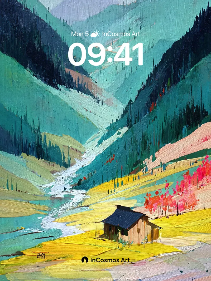 Serenity Valley Wallpaper with Rustic Hut