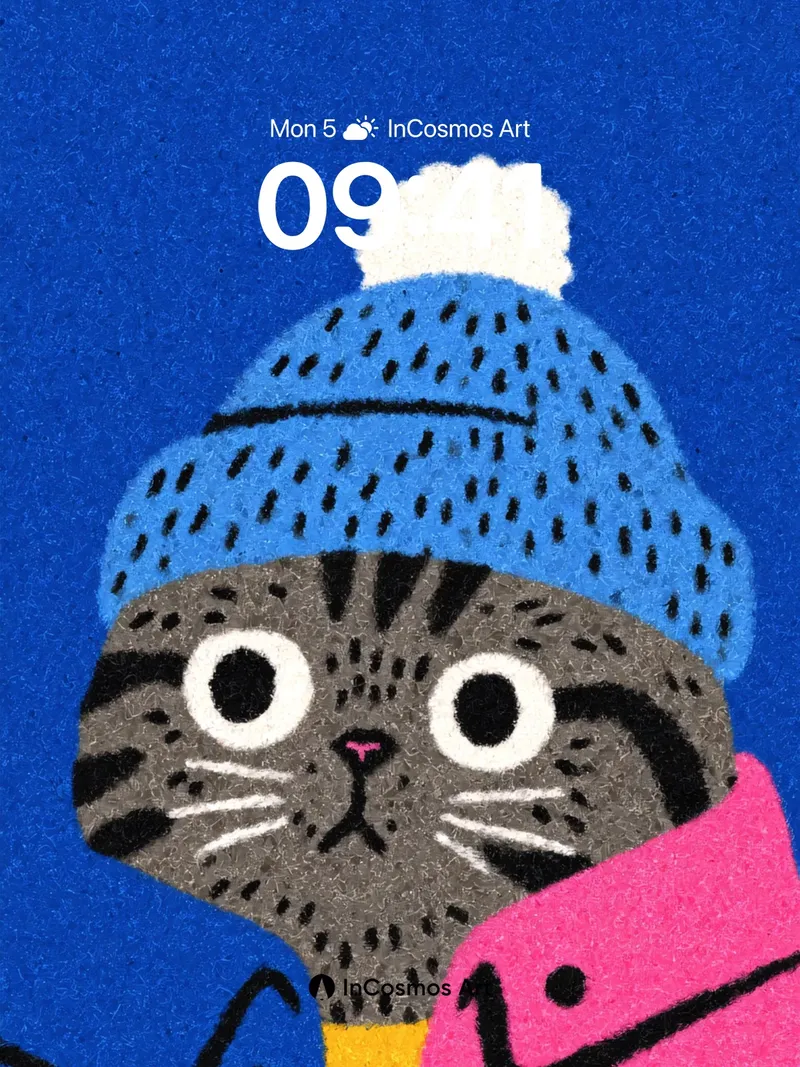 Whimsical Winter Cat Wallpaper with Knit Hat Charm
