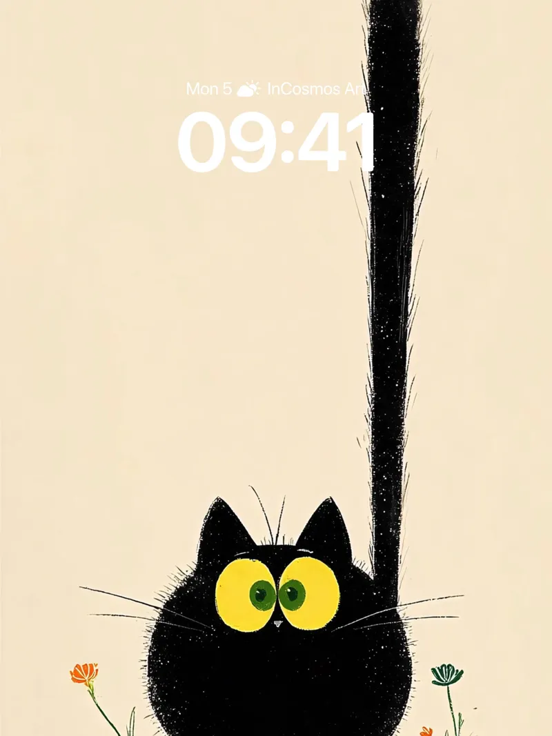 Whimsical Black Cat Wallpaper with Floating Eyes
