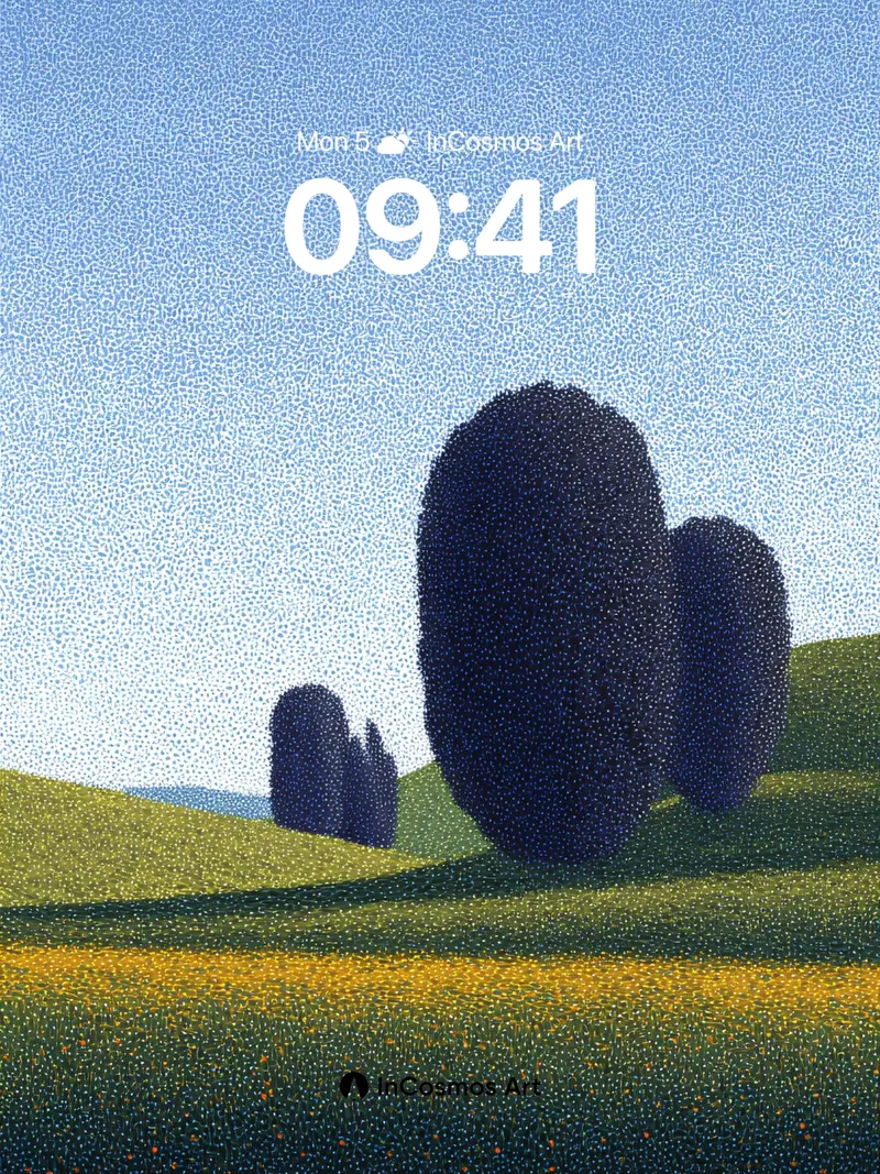 Serenity Field Wallpaper with Dotted Trees