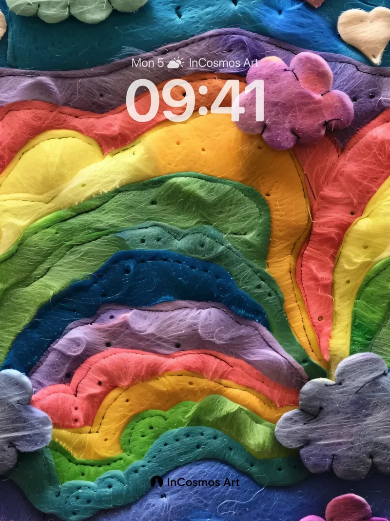 Whimsical Felt Rainbow Wallpaper with Floating Hearts