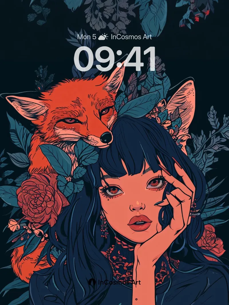 Midnight Bloom Wallpaper with Fox Whispers