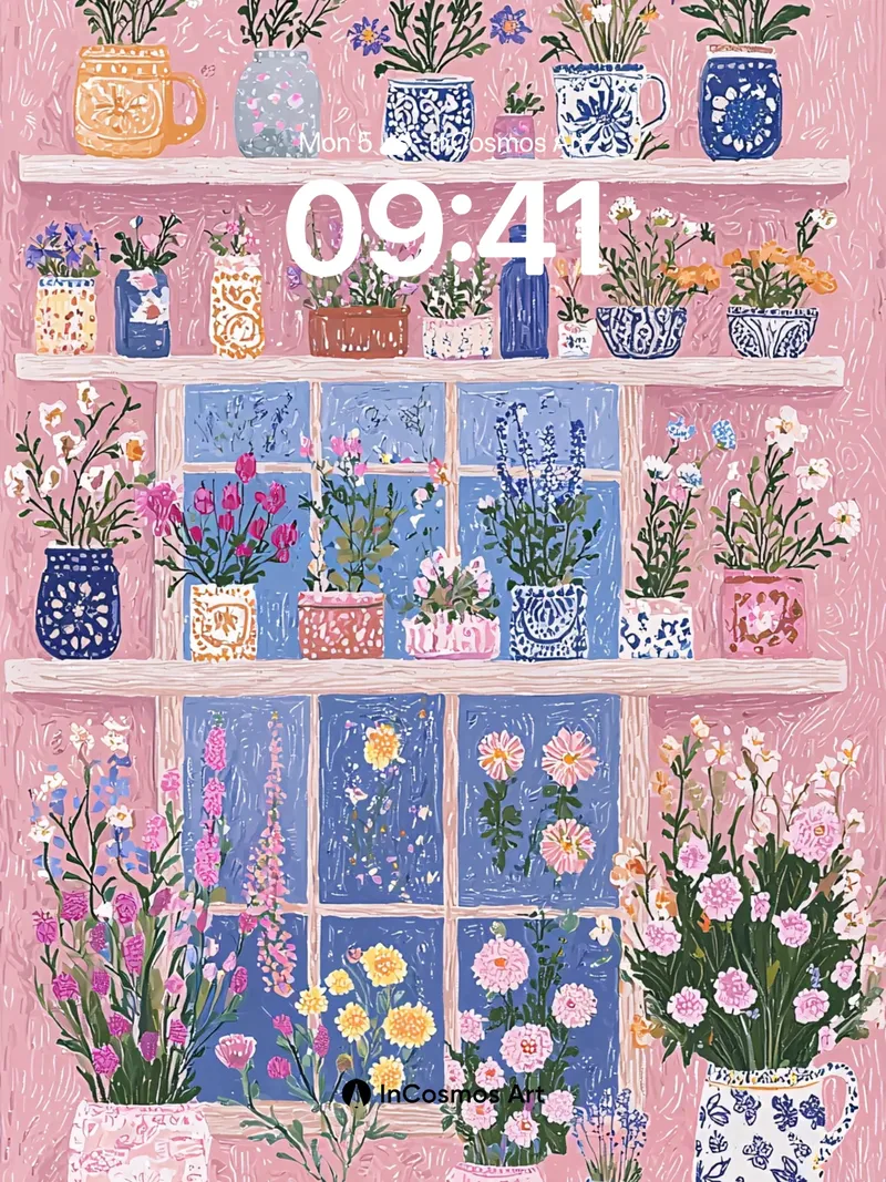 Whimsical Garden Wallpaper with Vintage Pots