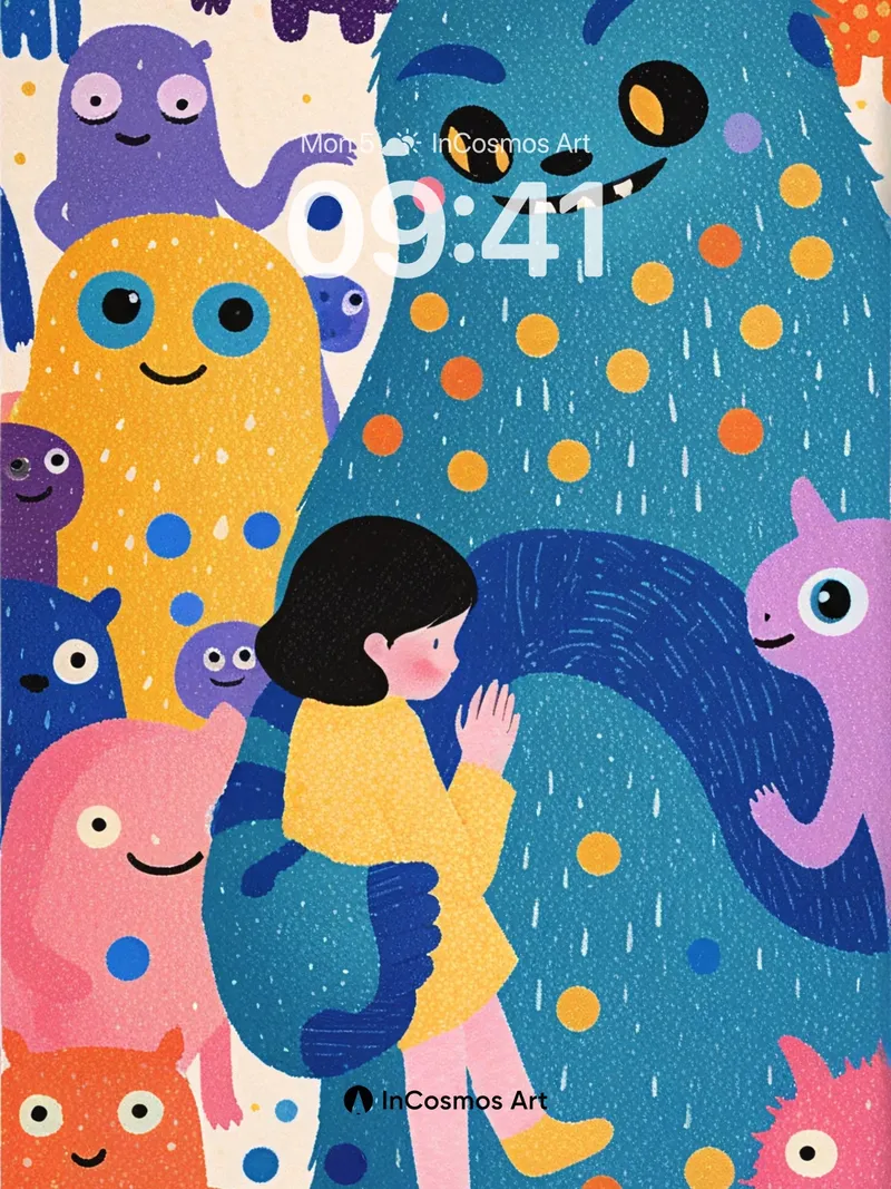 Whimsical Monster Playground Wallpaper with Polka-Dot Hugs