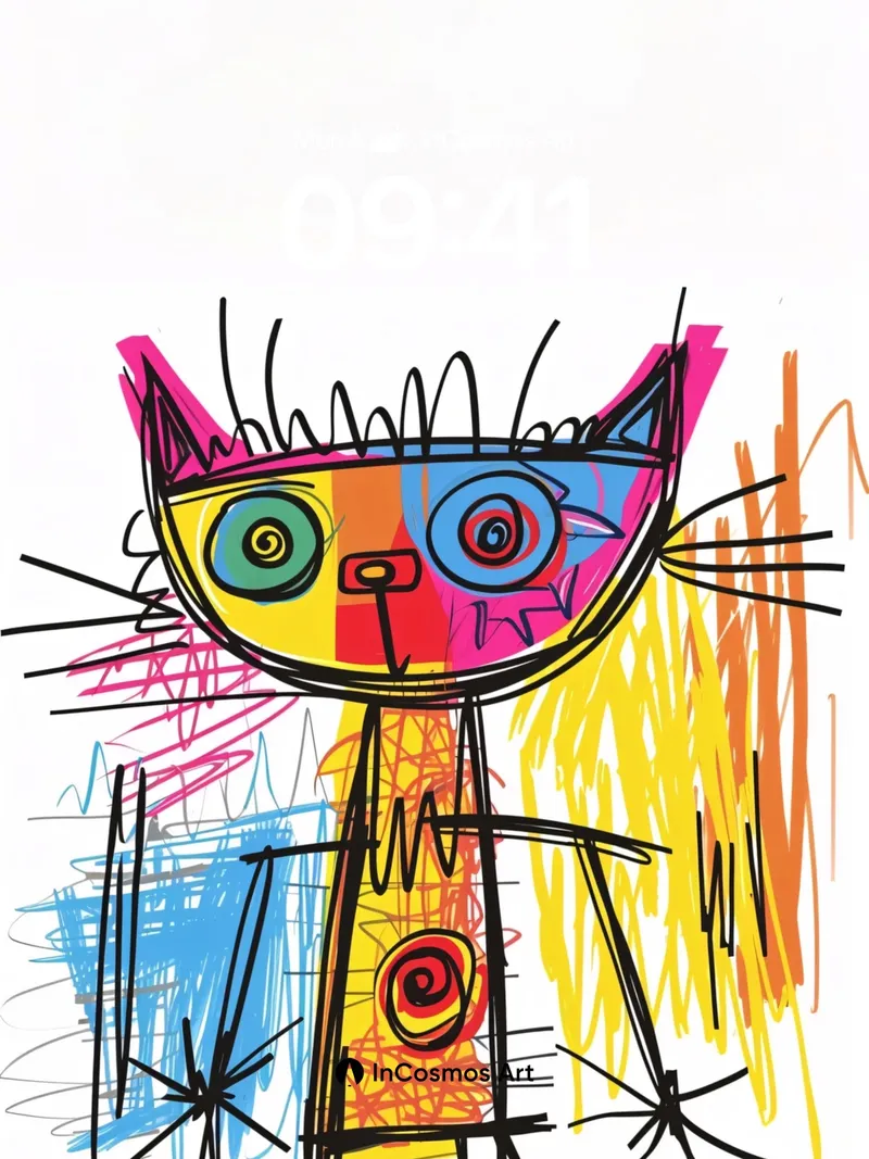 Whimsical Rainbow Cat Wallpaper with Swirling Lines