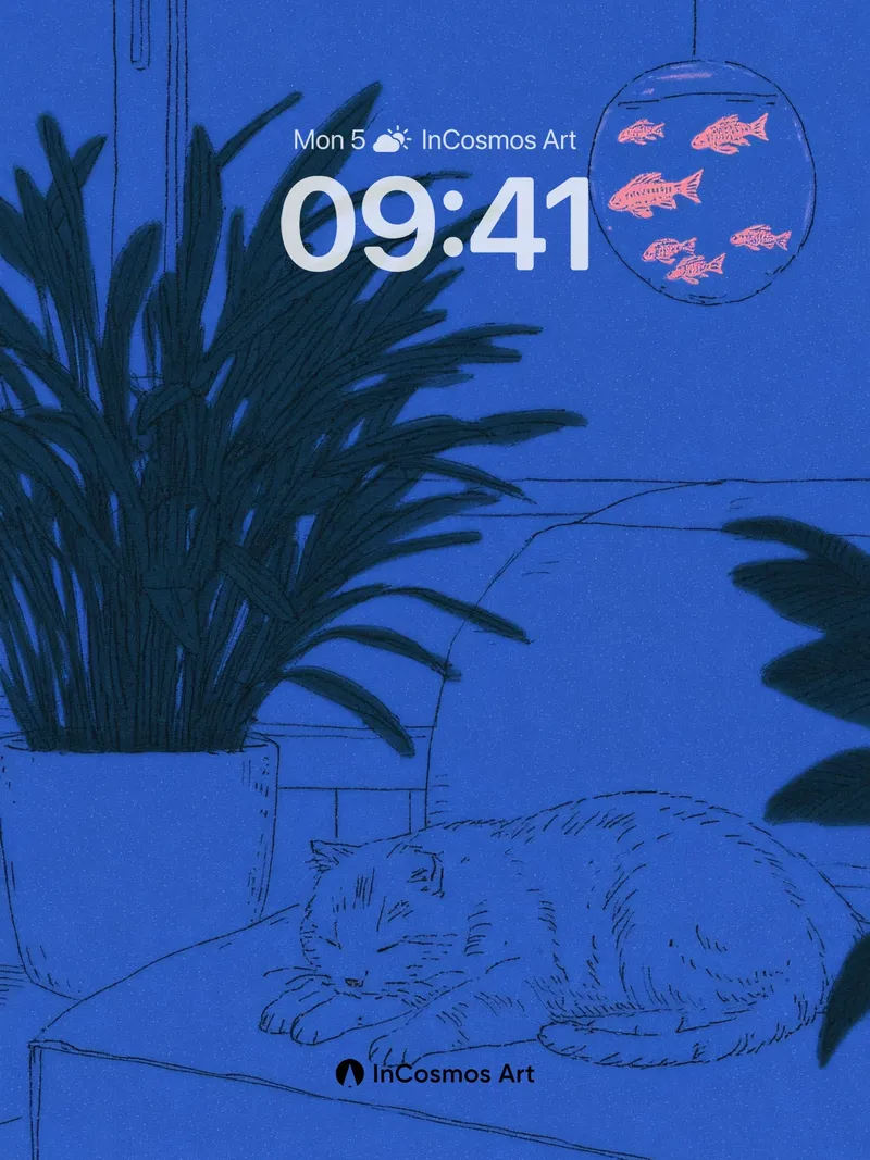 Calm Blue Hush Wallpaper with Sleeping Cat