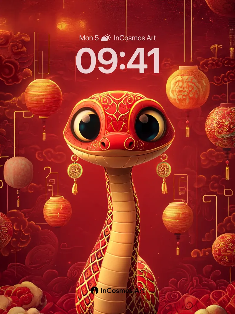 Crimson Serpent Wallpaper with Hanging Lanterns