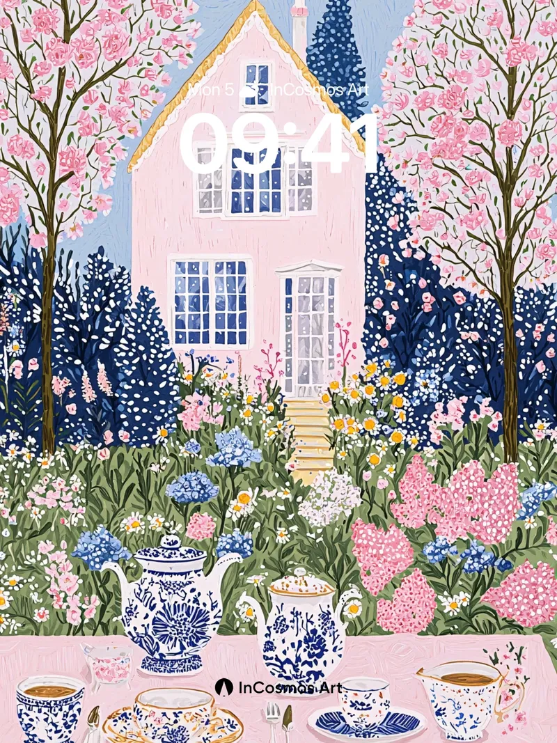 Whimsical Garden Wallpaper with Teacup Tableau