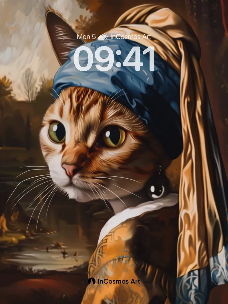 Whiskered Elegance Wallpaper with Pearl Ear Drop