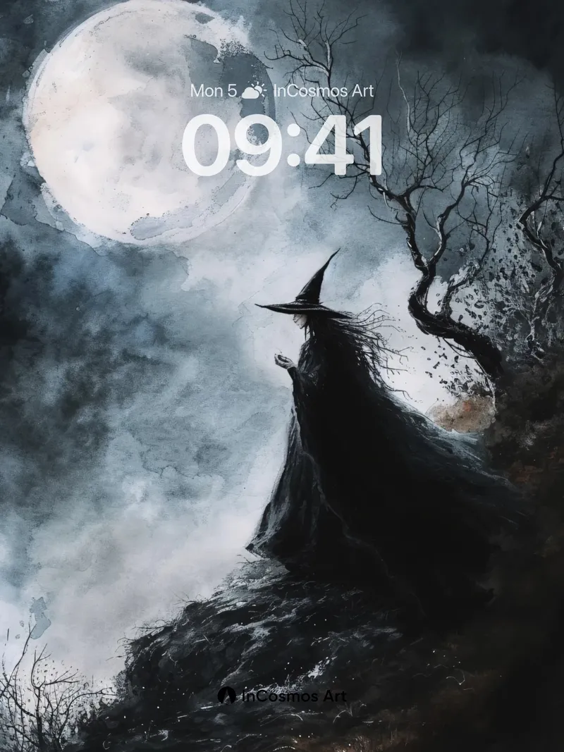 Moonlit Witch Wallpaper with Haunting Silhouette