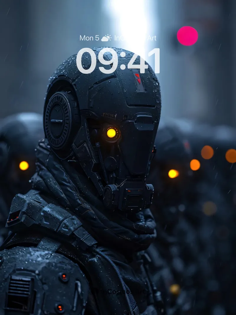 Neon Sentinel Wallpaper with Rain-etched Armor