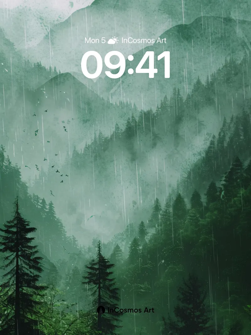 Mist-Weaved Forest Wallpaper with Rainfall Veil