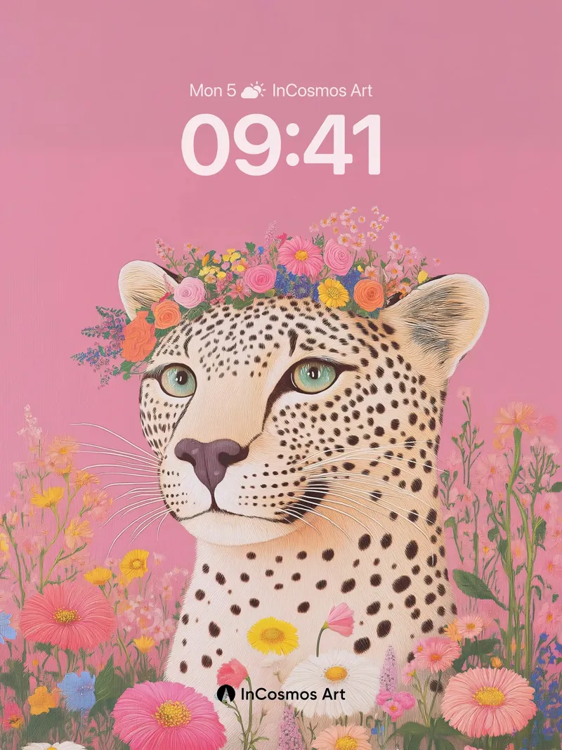Surreal Cheetah Wallpaper with Floral Crown