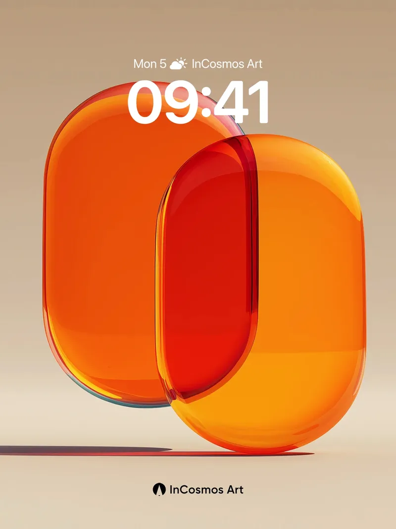 Luminous Orange Glass Wallpaper with Floating Forms