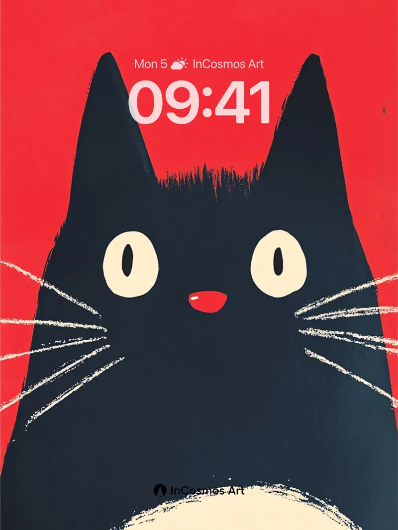Whimsical Feline Wallpaper with Bold Red Backdrop