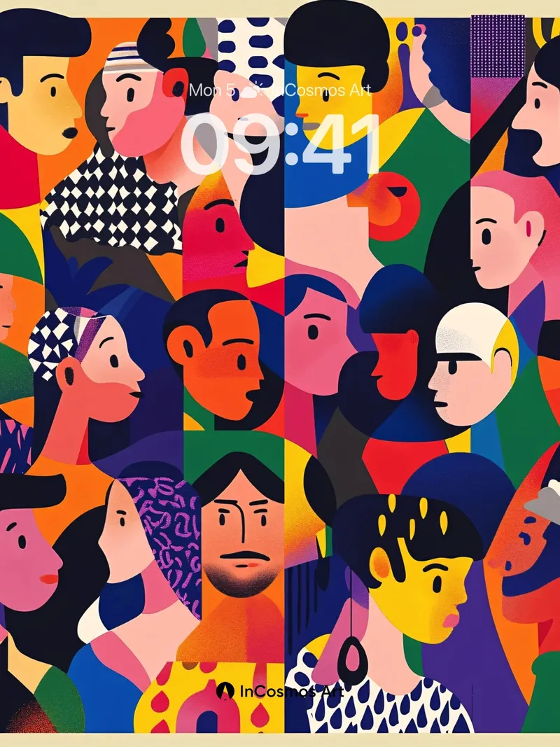 Cubist Crowd Wallpaper with Vibrant Faces