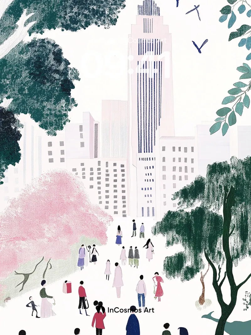 Serene Cityscape Wallpaper with Cherry Blossom Whispers