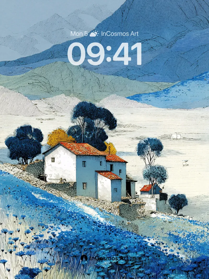 Serenity Ridge Wallpaper with Blue Flower Fields