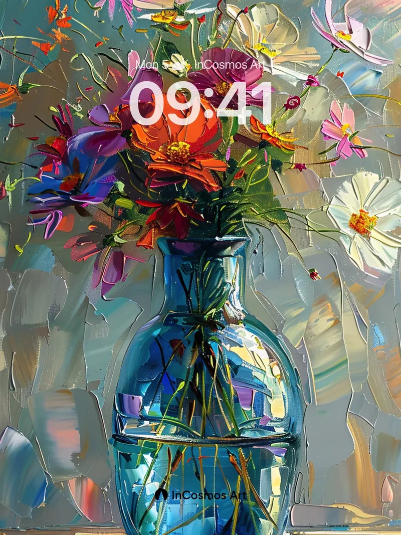 Luminous Bloom Wallpaper with Glass Vessel Reflections