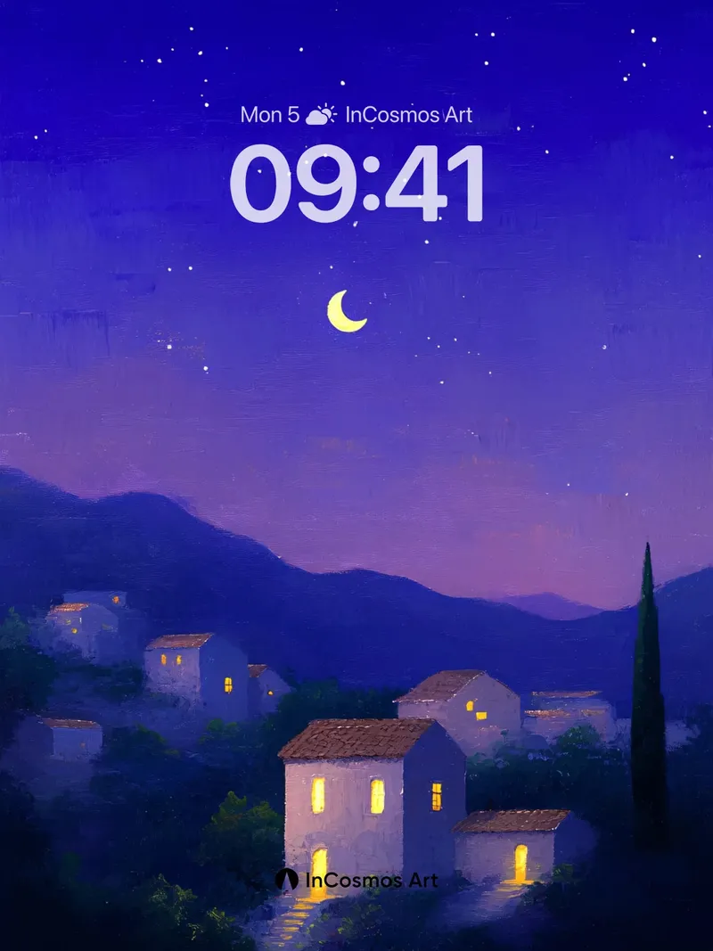 Serenity Moonlit Village Wallpaper with Starlight Veil