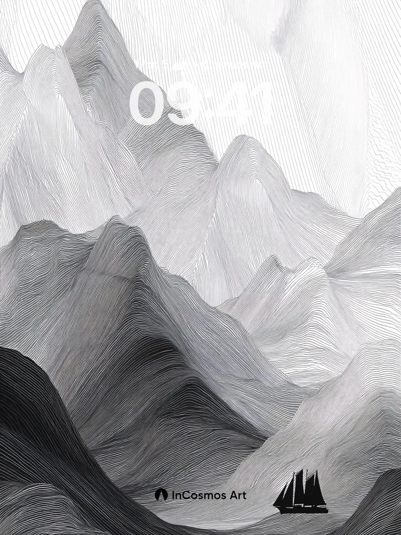 Serenity of Ink Mountains Wallpaper with Floating Sail