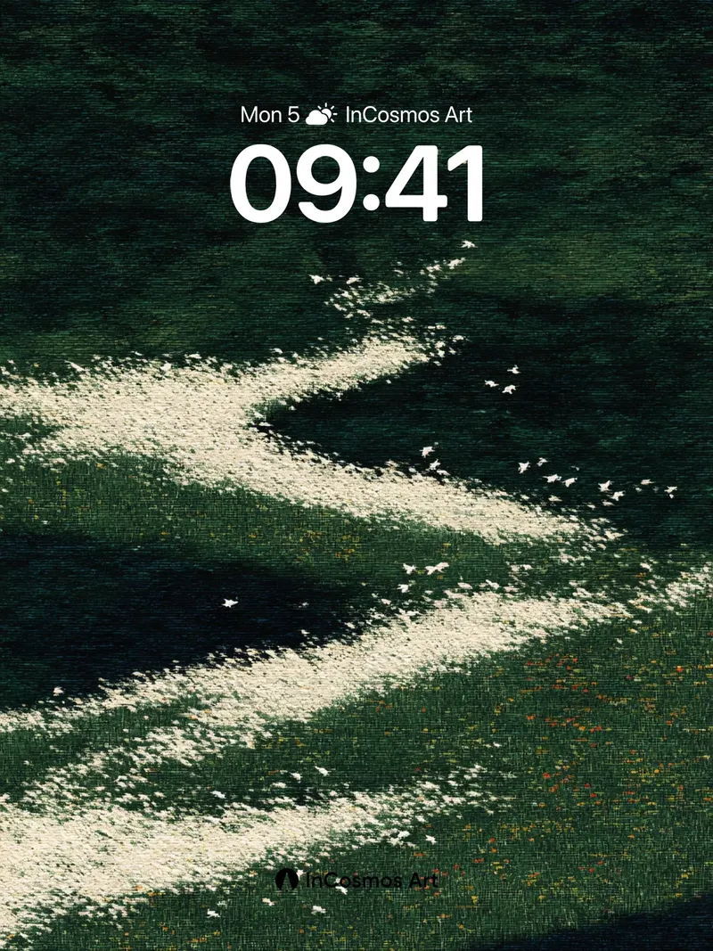 Whispering Path Wallpaper with Floating Feathers