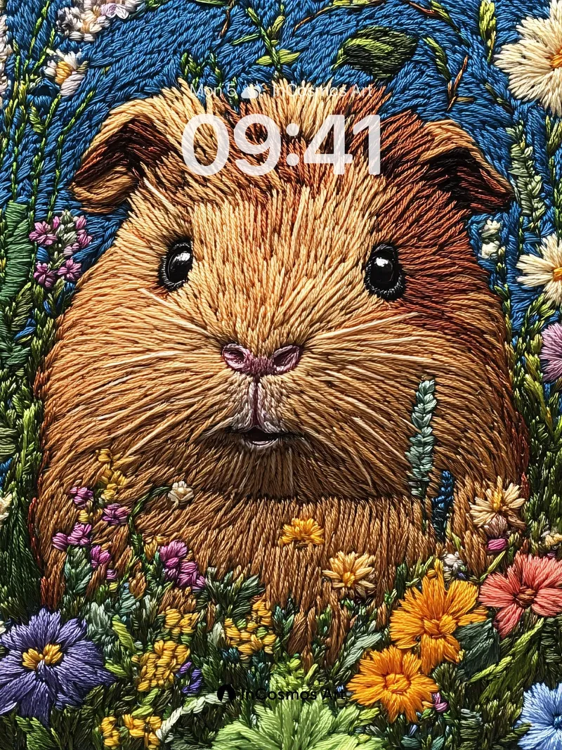 Whispering Meadow Wallpaper with Embroidered Guinea Pig