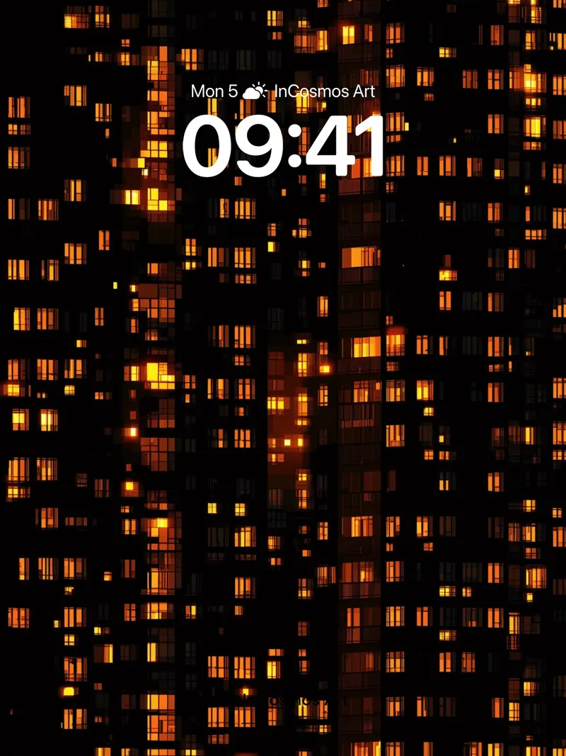 Copper Grid Wallpaper with Glowing Windows