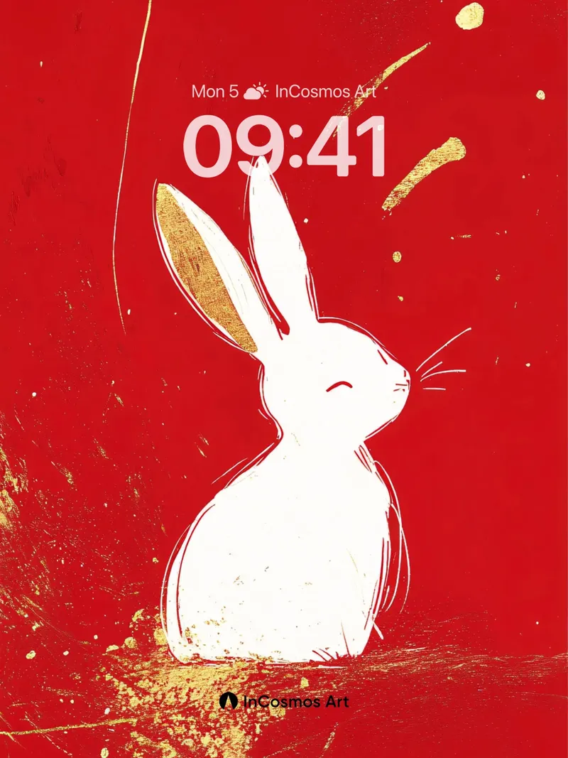 Serene White Rabbit Wallpaper with Golden Dust