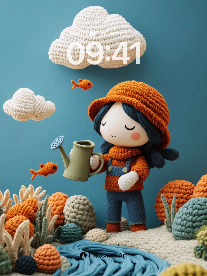 Whimsical Knit Garden Wallpaper with Floating Clouds