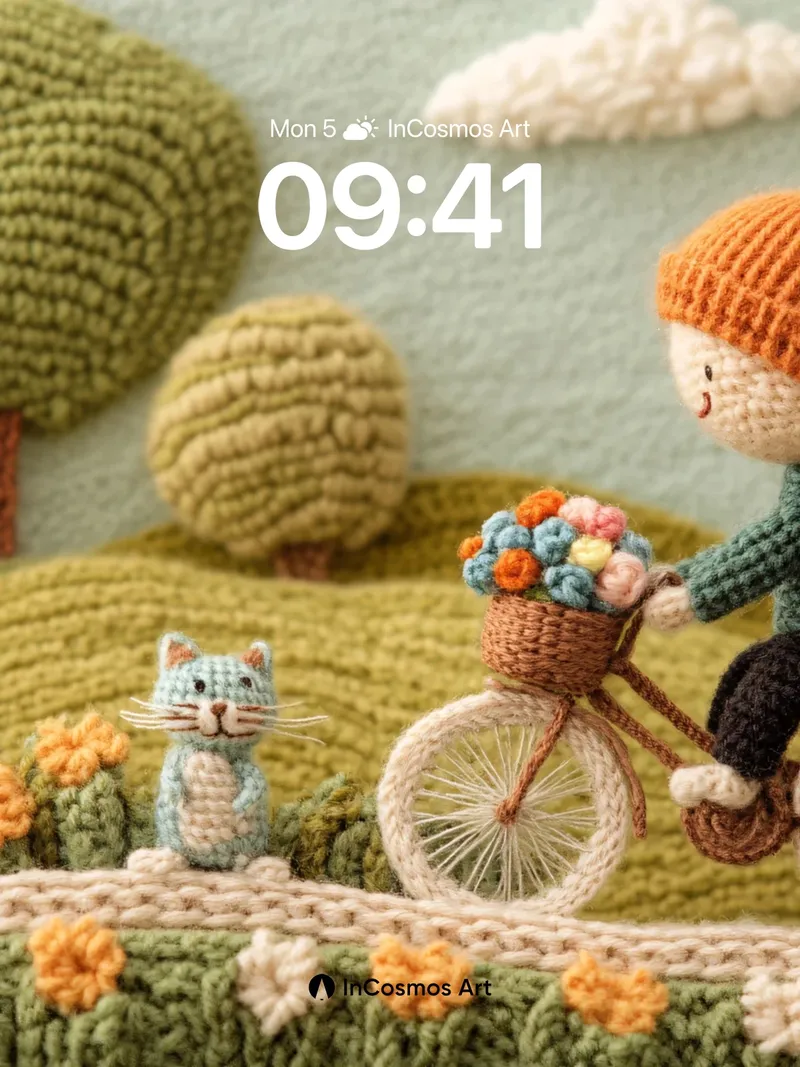 Whimsical Knit World Wallpaper with Cat Companion