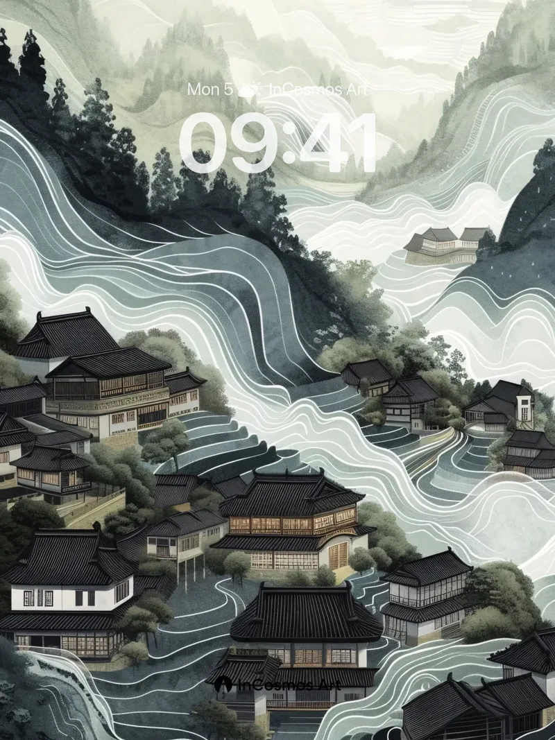 Serenity Riverflow Wallpaper with Inked Peaks