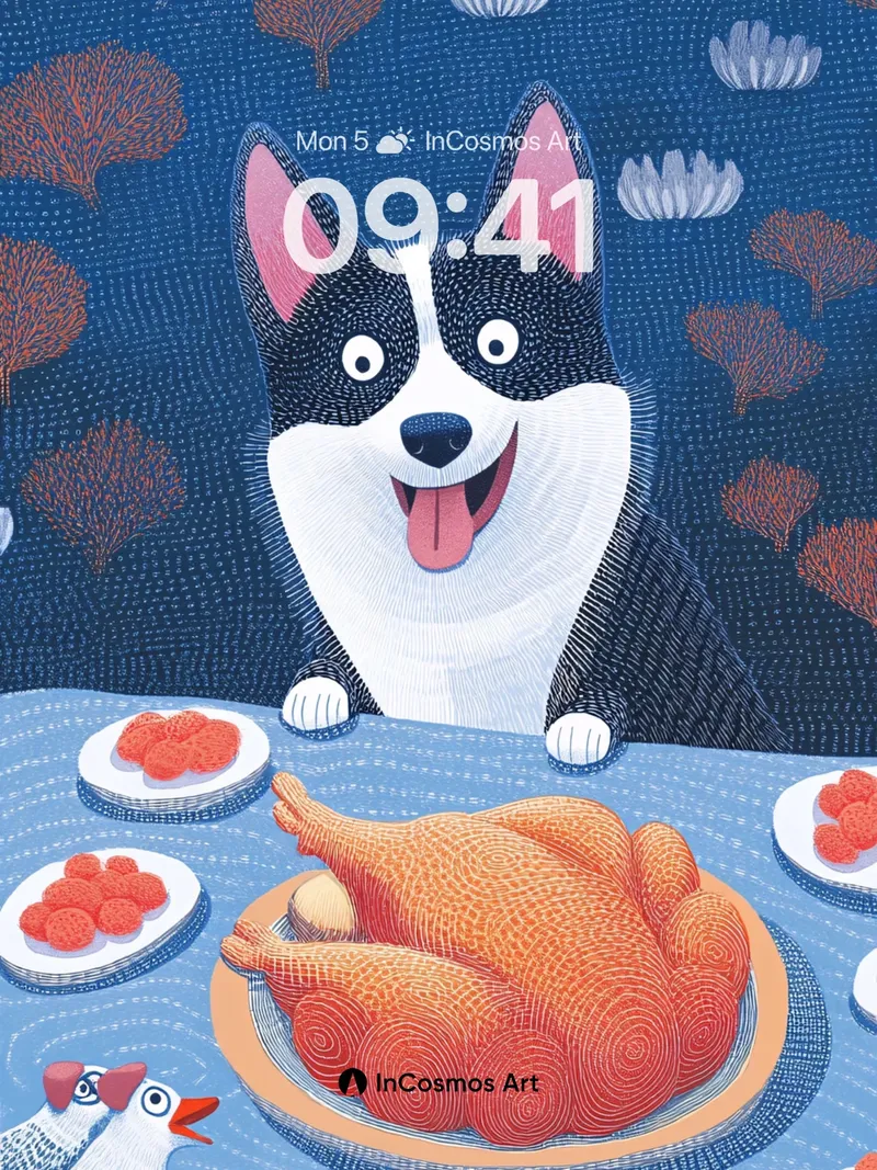Playful Feast Wallpaper with Whimsical Canine Host
