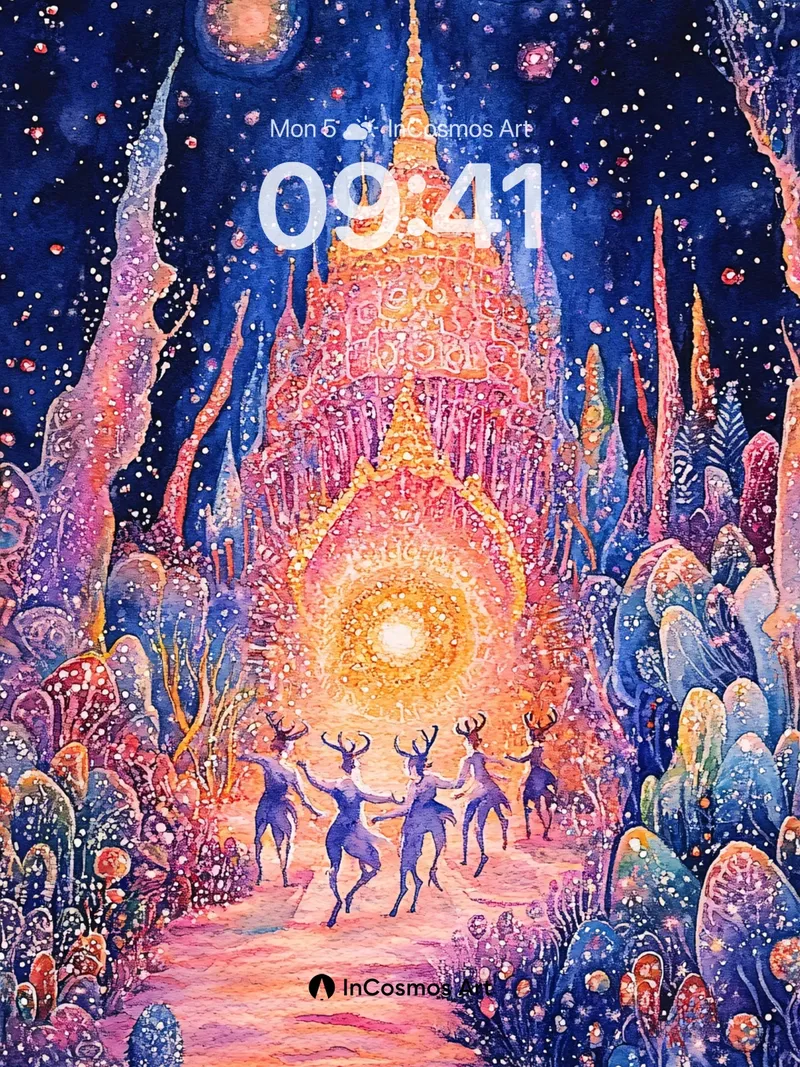 Cosmic Grove Wallpaper with Dancing Stags