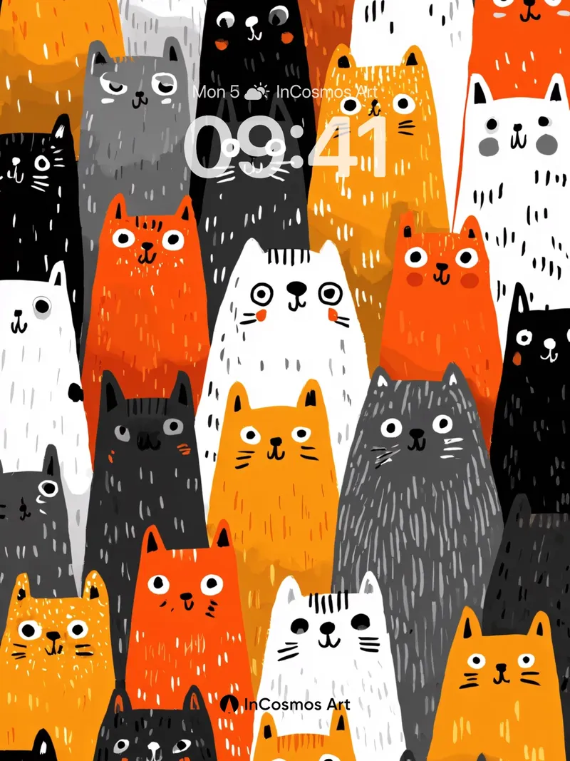 Whimsical Feline Pattern Wallpaper with Playful Colors