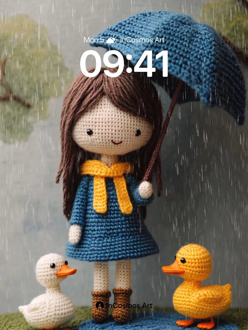 Whimsical Raindrop Wallpaper with Crochet Charm