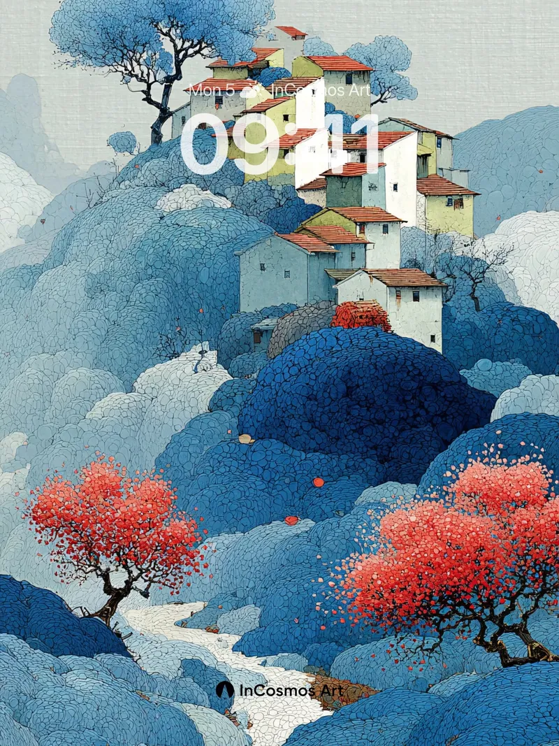 Cerulean Village Wallpaper with Crimson Blooms