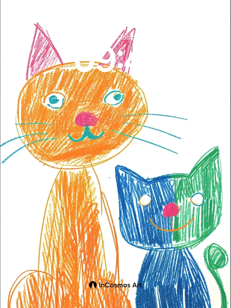 Whimsical Feline Hug Wallpaper with Crayon Charm