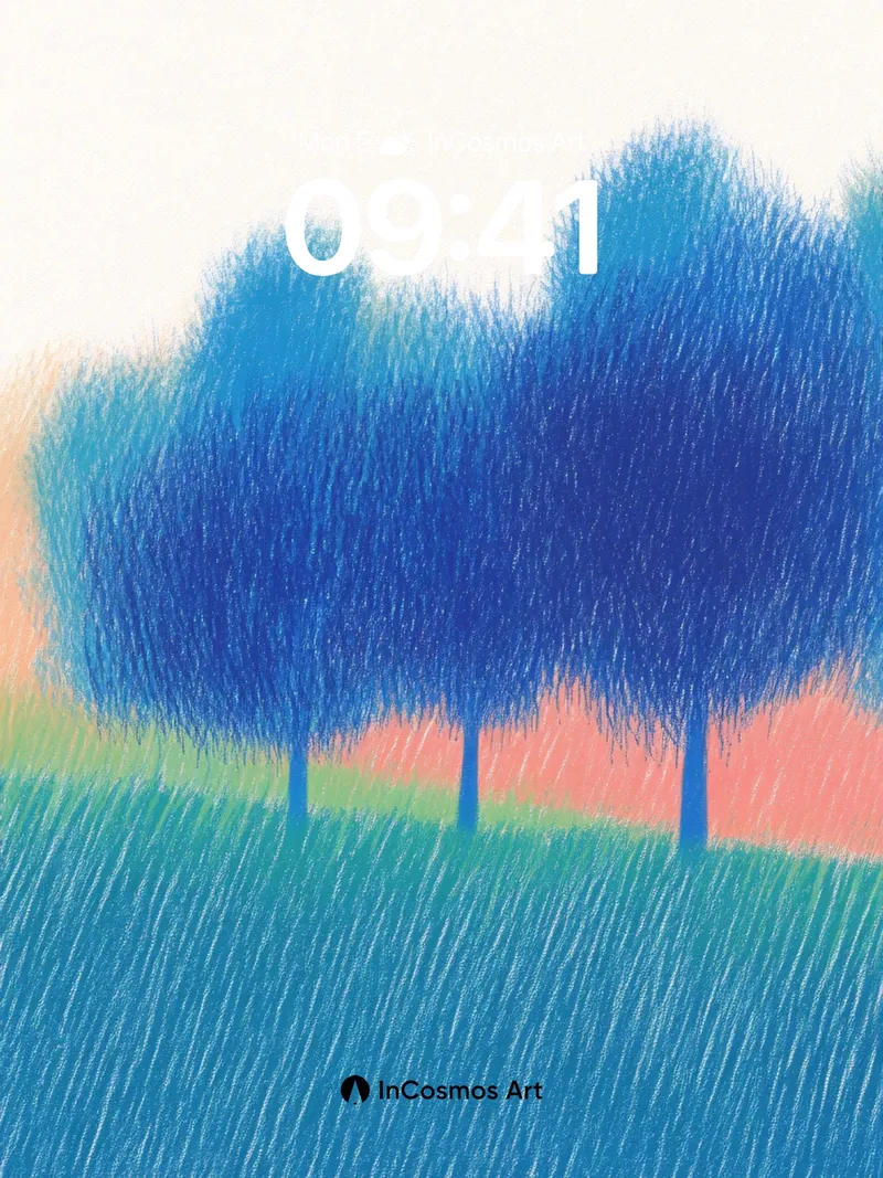 Whispering Blue Trees Wallpaper with Rain-Textured Fields