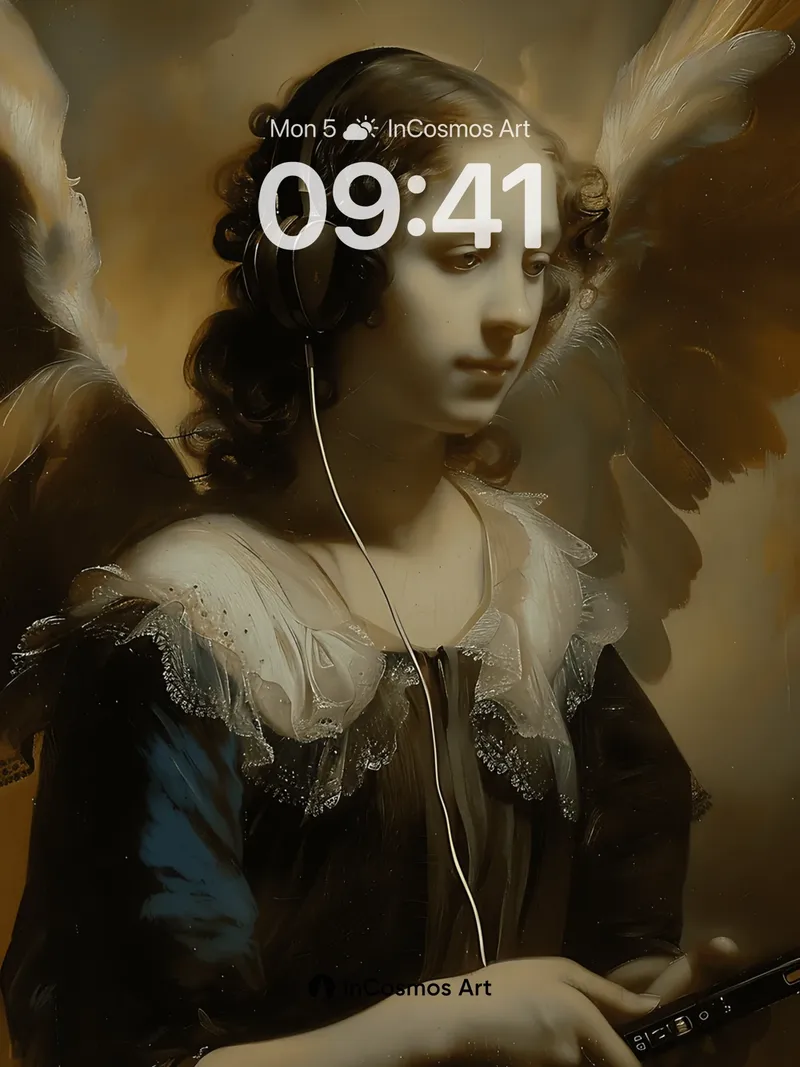 Serene Angelic Wallpaper with Modern Earphones