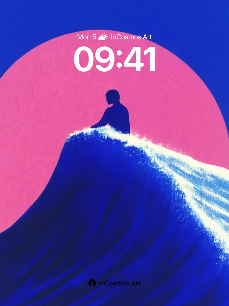 Silhouetted Wave Wallpaper with Pink Sun