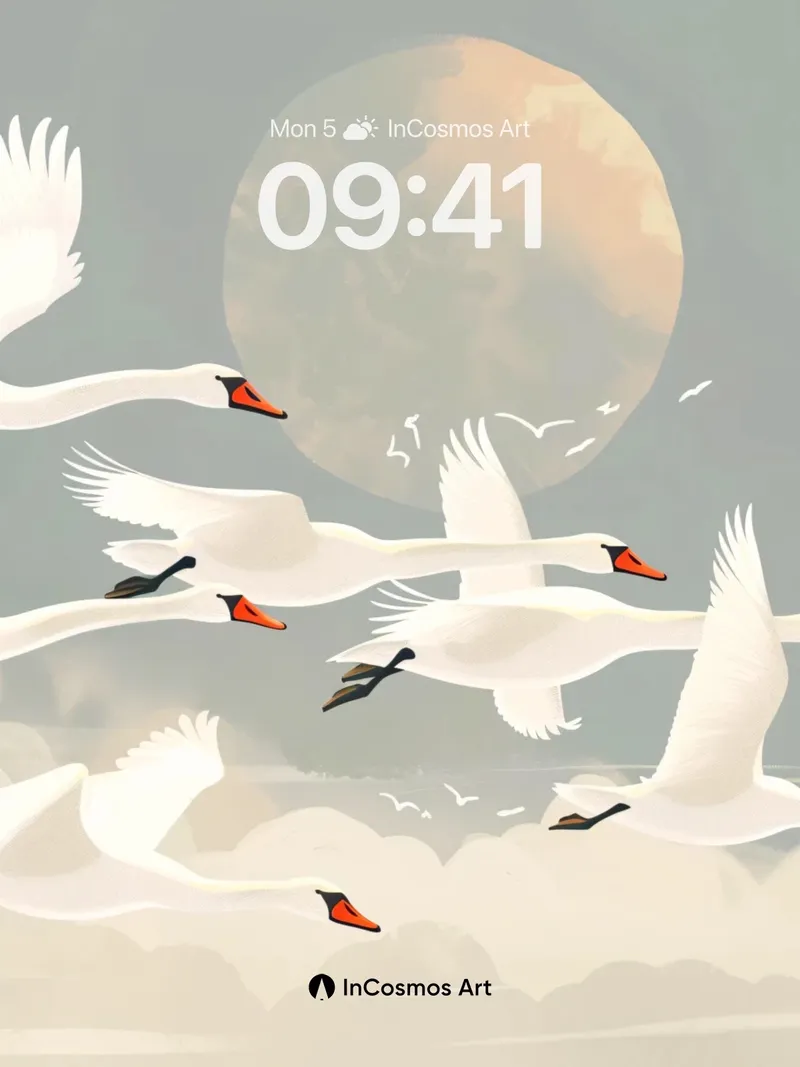Lunar Flight Wallpaper with Swans in Mist