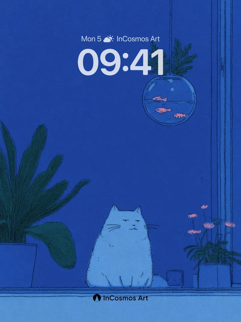 Serene Blue Hush Wallpaper with Floating Fishbowl