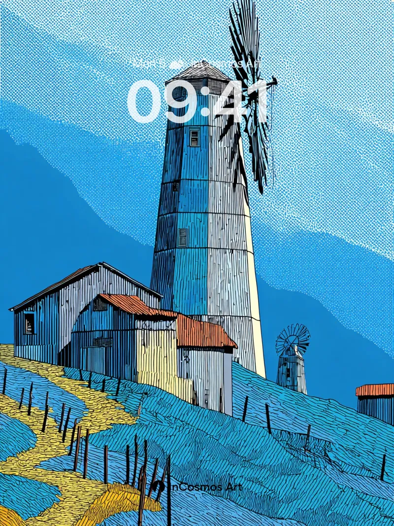 Cobalt Whispers Wallpaper with Windmill Echoes