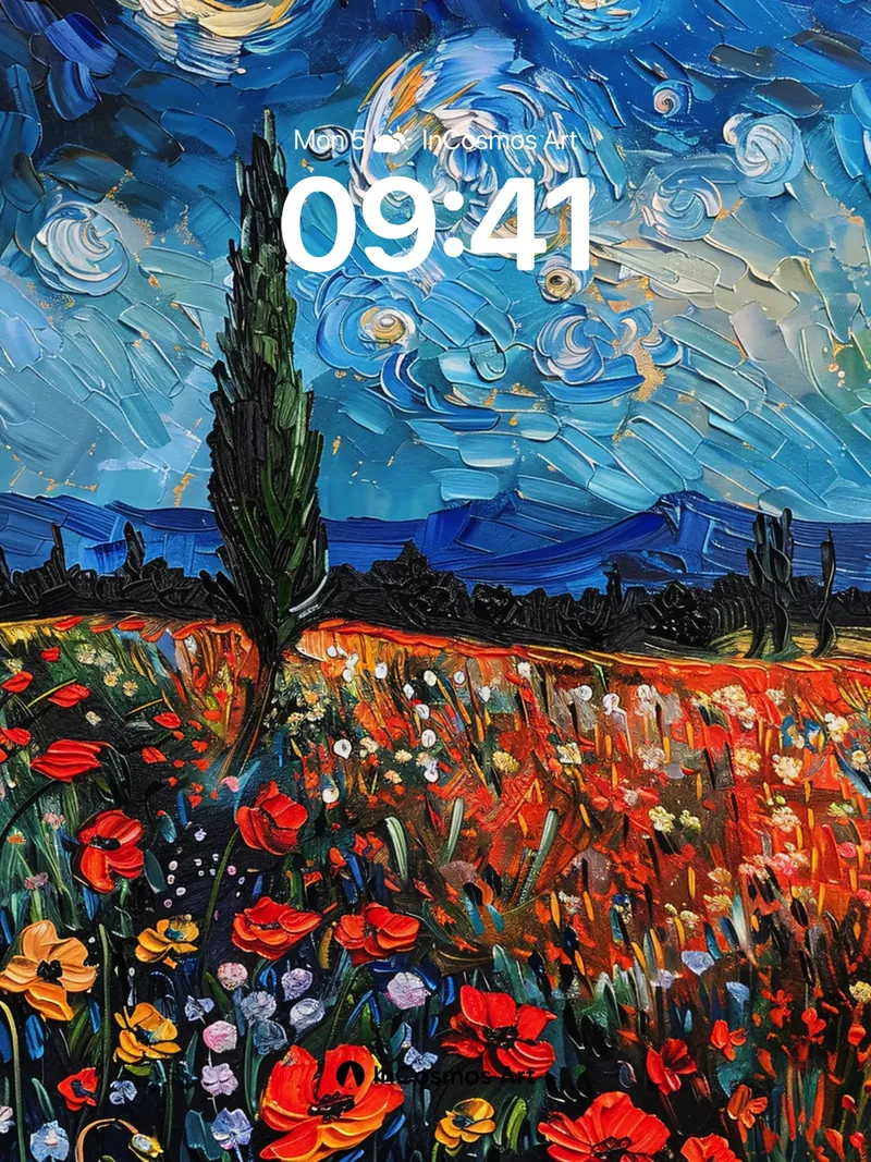Swirling Sky Wallpaper with Poppy Fields