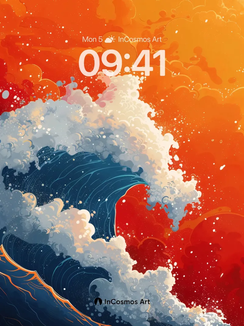 Crimson Surge Wallpaper with Hokusai Waves
