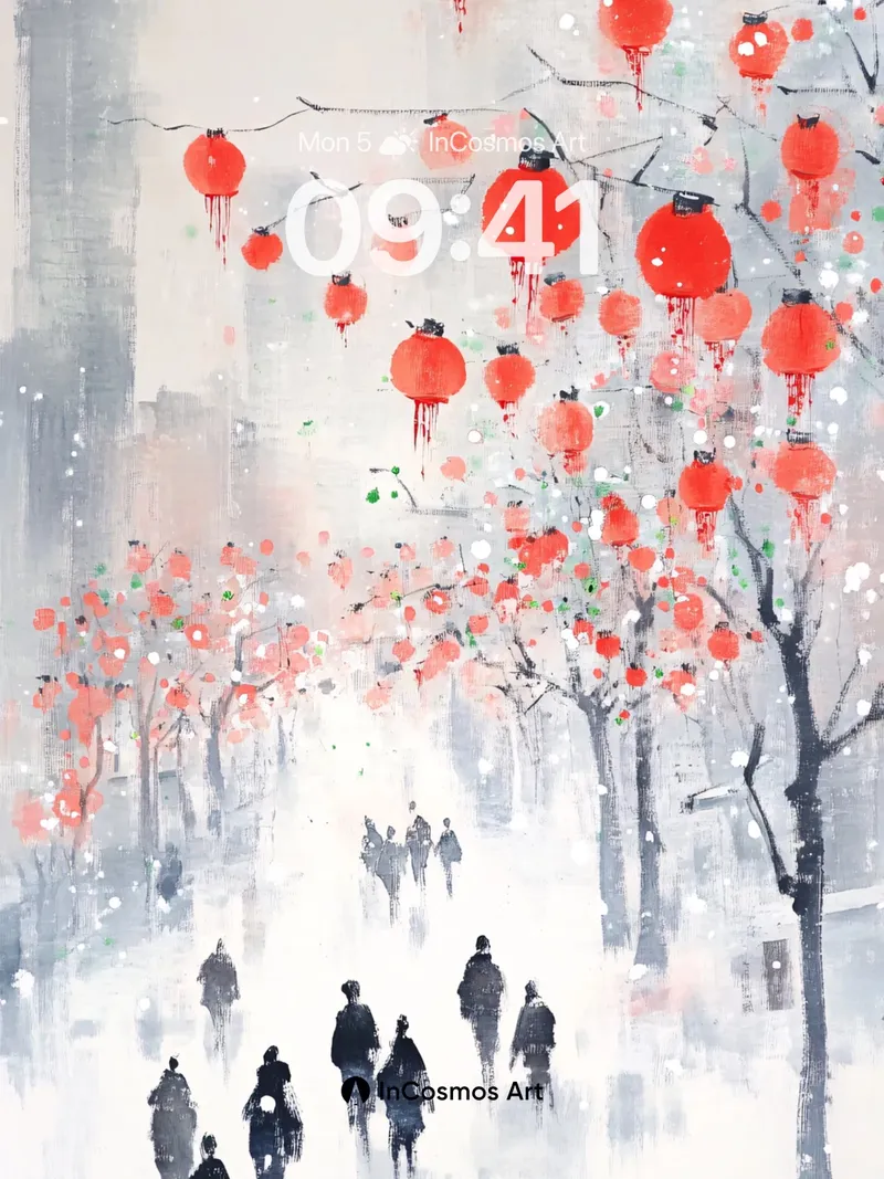 Snowfall Lantern Wallpaper with Ink-Brush Echoes